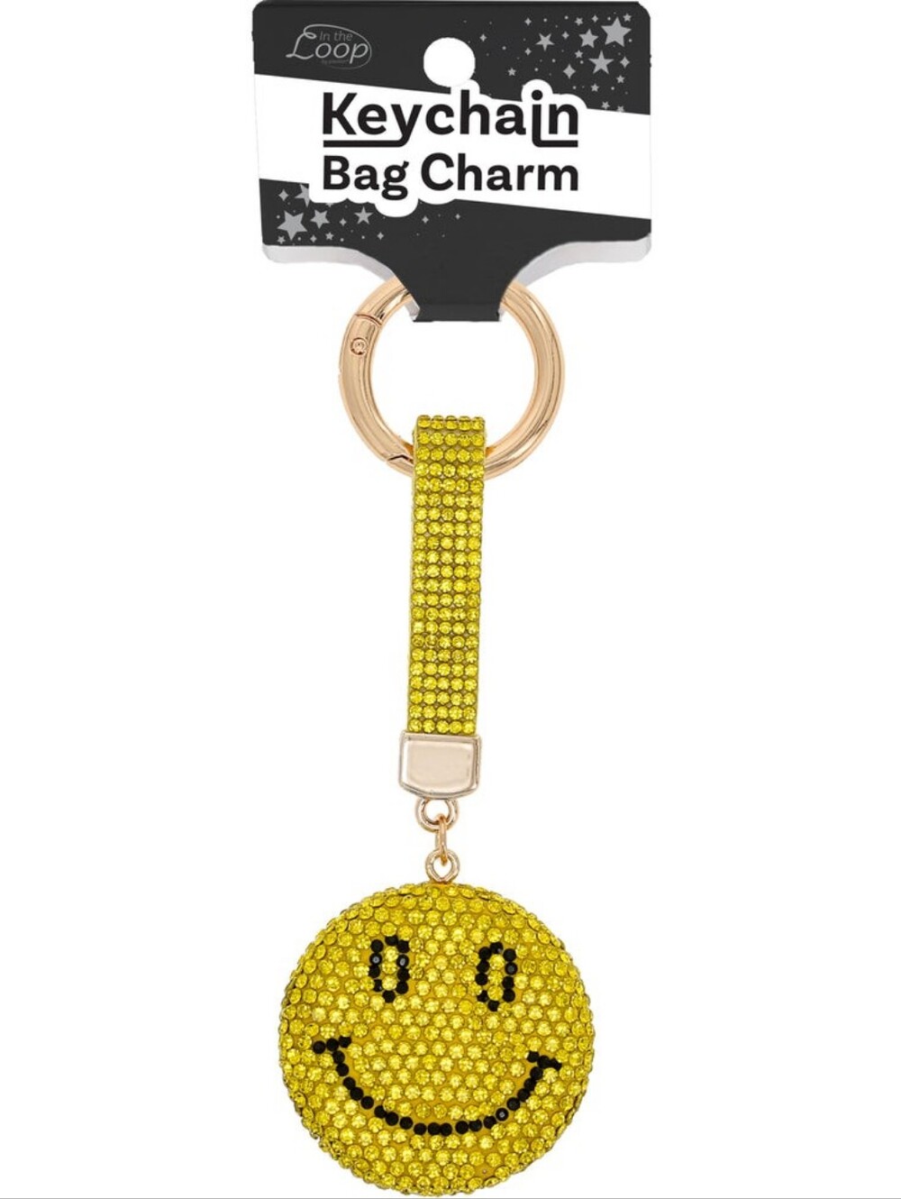 Smiley Gemmed Bag Charm Yellow Rhinestone Keychain Purse Accessories - Picture 2 of 6